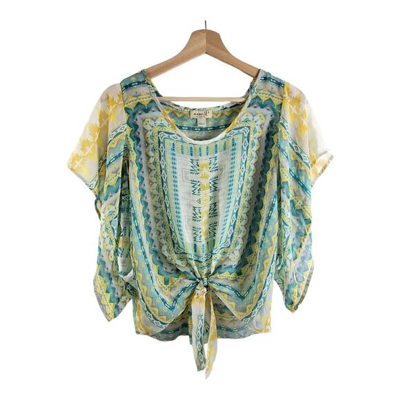 One World Womens S Sheer Cropped Top Green- Short Kimono Sleeve- Tie Front Boho - Picture 9 of 9